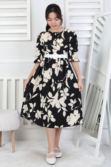 Girl's Black Floral Detailed Wrapped Fabric Belted Long Eid Dress