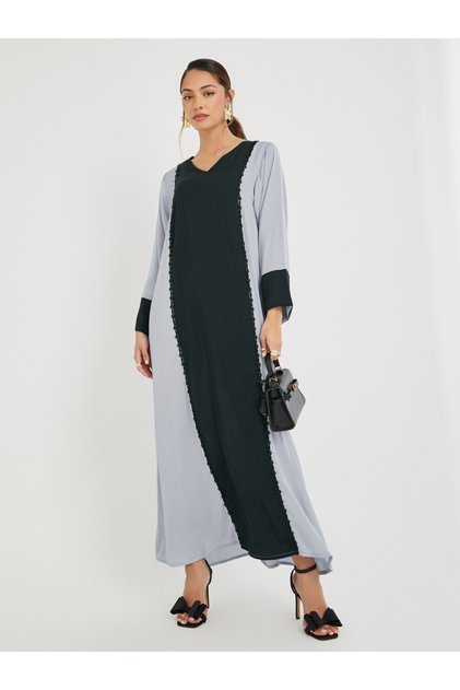 Color Block V Neck Jalabiya with Lace Trim
