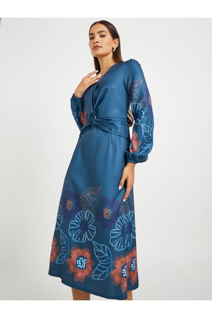 Floral Print Balloon Sleeves A-Line Midi Dress