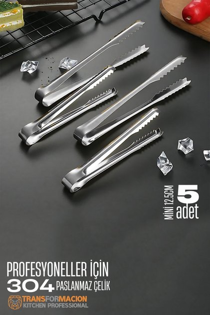 Mini 12.5 cm Buz Maşası - Şeker Limon Maşası Kokteyl Servis Maşası 5 li PAKET 304 Paslanmaz Çelik