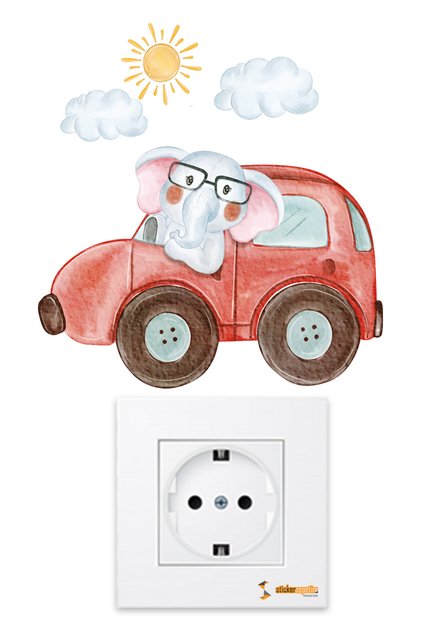 Car Driving Elephant, Clouds and Sun Themed Kids Room Wall Sticker - Socket Sticker