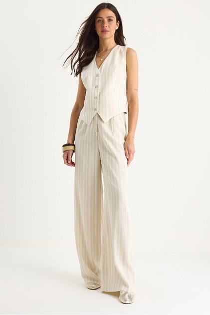 Women's Beige Striped Stripe Casual Vest Palazzo Pants Linen Bottom-Top Set 9311 60281066