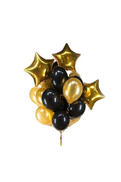 Set 13 baloane latex si folie, cu 3 stelute, Auriu/Negru, Ropet