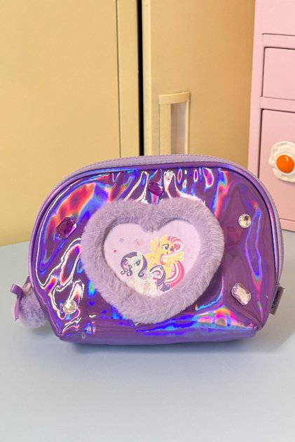 My Little Pony Lisanslı Kalp Şekilli Kozmetik Çantası – Mor Işıltılı Makyaj Çantası 21 Cm