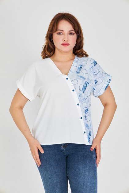 Women S V-Neck Asymmetrical Print Blouse with Ornamental Button Detail - for Casual and Stylish Combinations
