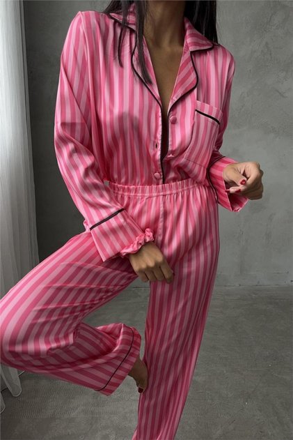 Strisce Rosa Scuro Saten Uzun Pijama Takımı (Geniş Beden Aralığı)