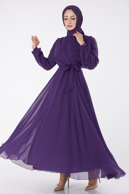 Straight Prevailing Collar Women's Purple Double Breasted Collar Belted Evening Dress - 23864
