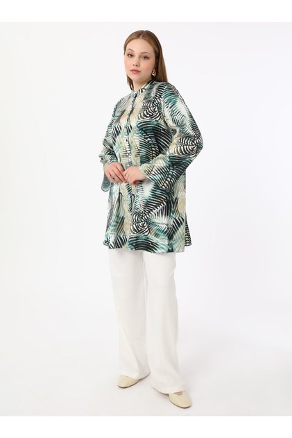 Large Size Leaf Pattern Satin Tunic - Green - Alia