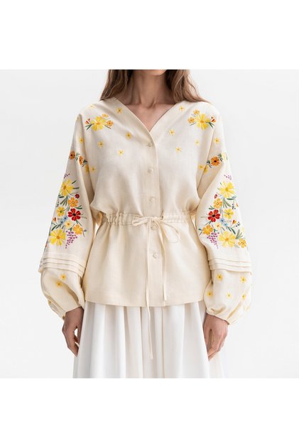 Cămașă cu broderie florală și detaliu de legare