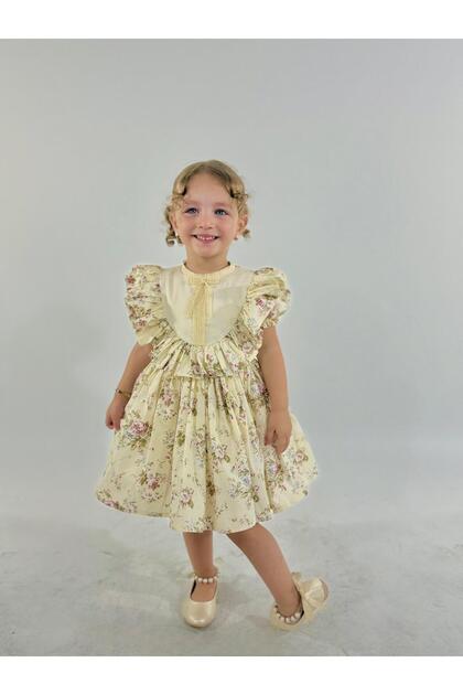 Bay Cream Floral Vintage Baby Girl Dress, Birthday Dress, Photo Shoot Dress, Suitable for 0-7 Years Old