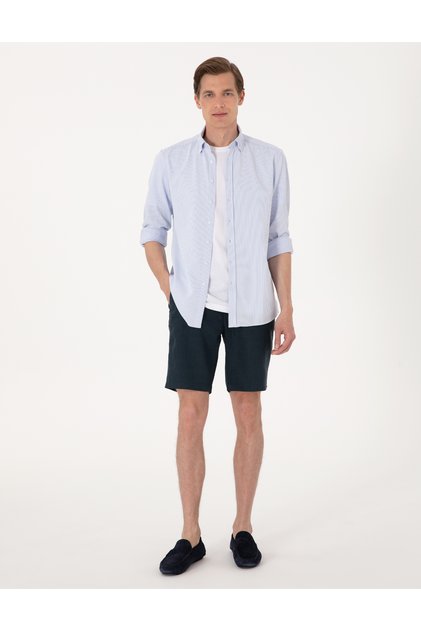 Navy Blue Slim Fit 100% Linen Elastic Waist Lace up Woven Shorts 50301780-Vr033
