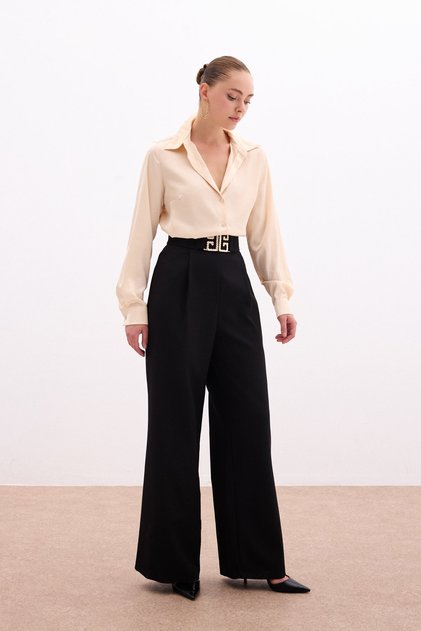 Wide Leg Trousers with Belt Accessory - Black