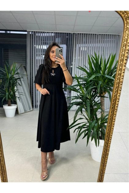 Bow Detail Plunging Neckline Short-Sleeved Midi Dress