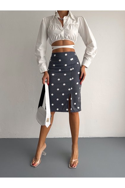 Women's Gray Polka Dot Elastic Waist Slit Pencil Skirt Length 65 cm