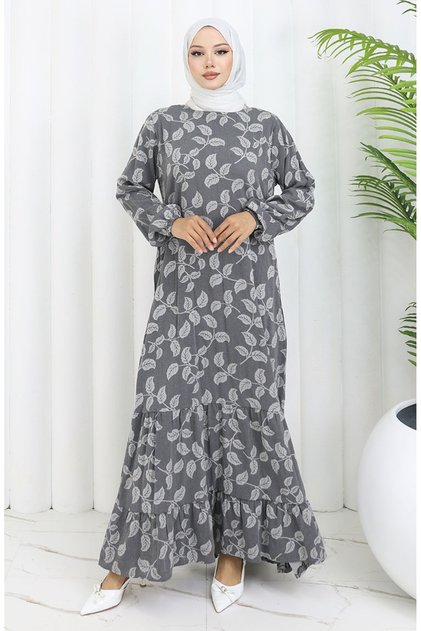 فستان منقوش بأكمام مطاطية 2055-03 أنثراسيت