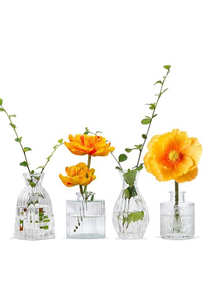 Glass Bud Vases Set of 4, Clear Vintage Embossed Mini Vases, Crystal White, 6.1 cm, Bud Shape