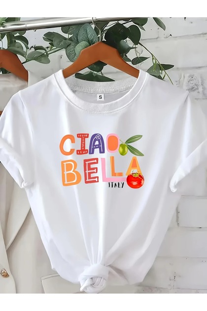 Women's White Ciao Bella Printed Oversize T-Shirt