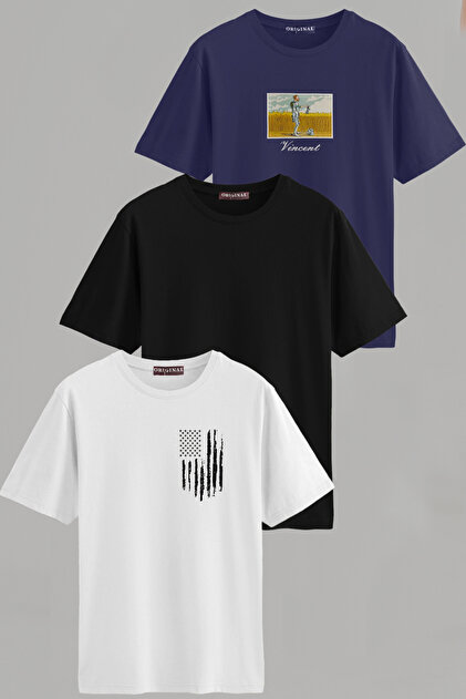 Men's Patterned-Plain Mixed Slim Fit Crew Neck Cotton Elastane 3-Piece Basic T-Shirt