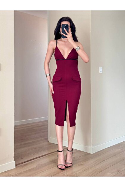 midi burgundy dress casual Dark Red Faux Leather Midi Open Back Dress ANYA
