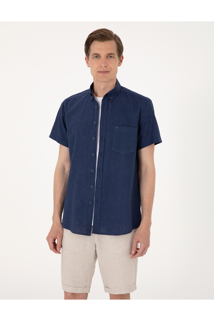 Navy Blue Linen Blend Regular Fit Short Sleeve Shirt 50303287-Vr033