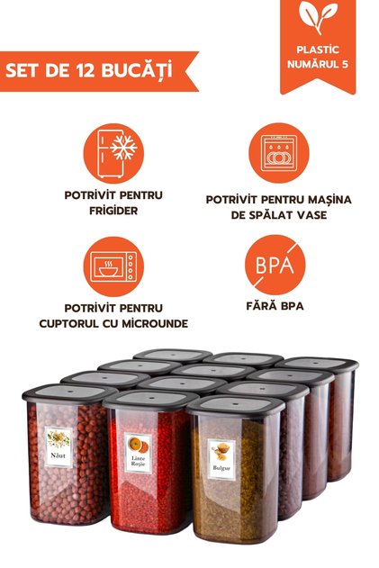 Set de 12 recipiente alimentare de 1200 ml, cu 25 de etichete cadou, antracit, capac pătrat