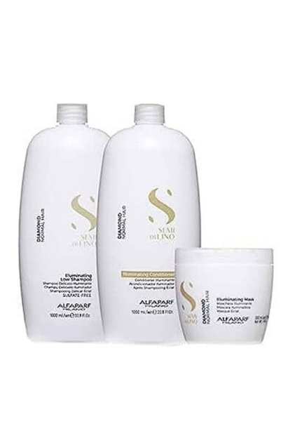 Комплект за сияйна коса Alfaparf Semi di Lino Diamond Illuminating Shine с 1 л шампоан + 1 л балсам + 500 мл маска