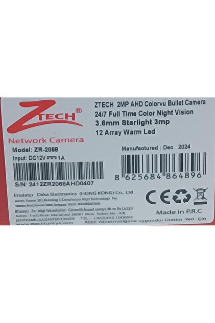 ZTECH Güvenlik Kamerası Zr-2068 12 Warm 2mp Ahd 3.6mm Plastık Kasa
