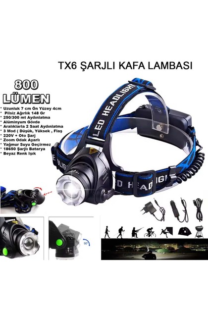 Watton Orjinal 800 Lümen Tx6 Şarjlı Zoomlu Kafa Feneri Wt 120