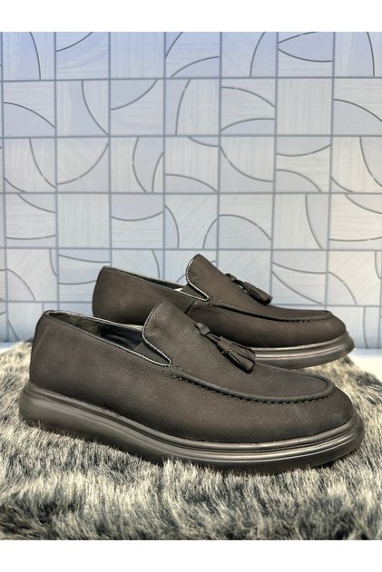 St 302 Men's Black Nubuck Genuine Leather Tasseled Comford Daily Orthopedic Loafer Shoes