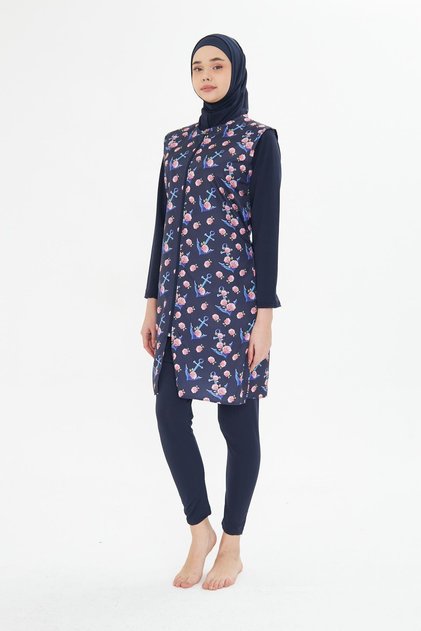 Full Covered Vest Patterned Parachute Fabric Hijab Swimsuit Navy Blue 3474-L