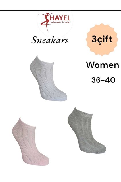 3 Pairs Multicolored Mesh Sneakers Chain Patterned Stylish Design High Quality Cotton Socks
