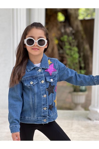 Girl's Denim Jacket with Back Embroidery Detail Denim Jacket Coat