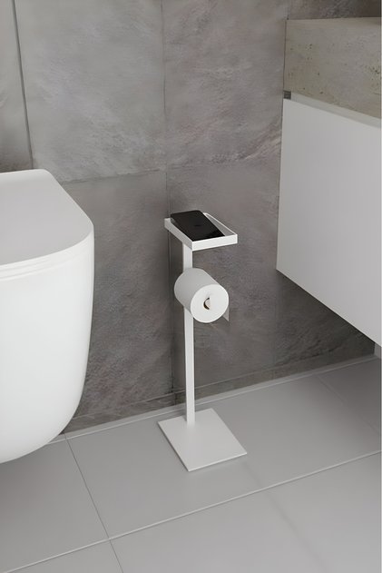 Metal Toilet Paper Hanger with Phone Shelf Floor Standing Minimalist Toilet Roll Holder Bathroom Organizer