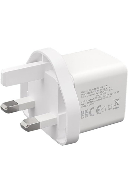 شاحن حائطي مزدوج المنافذ من المملكة المتحدة بمنفذي USB-C بقوة 20 وات وUSB-A بقوة 18 وات