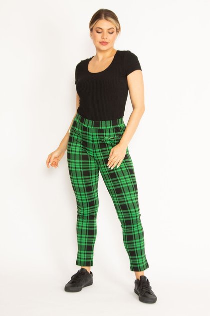 Women's Large Size Green Plaid Patterned Ornamental Zipper Pocket Tights 65n34640