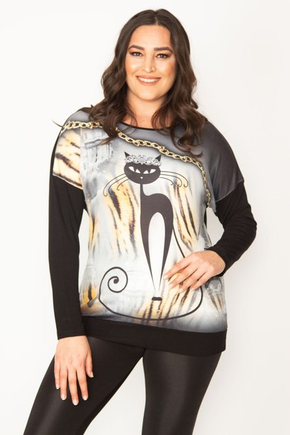 Women's Large Size Black Cat Figured Print and Stone Detailed Two Color Tunic 65n29344