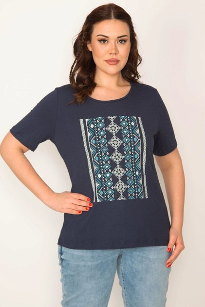 Women's Large Size Navy Blue Lame Printed Crew Neck Short Sleeve Blouse 65n32178