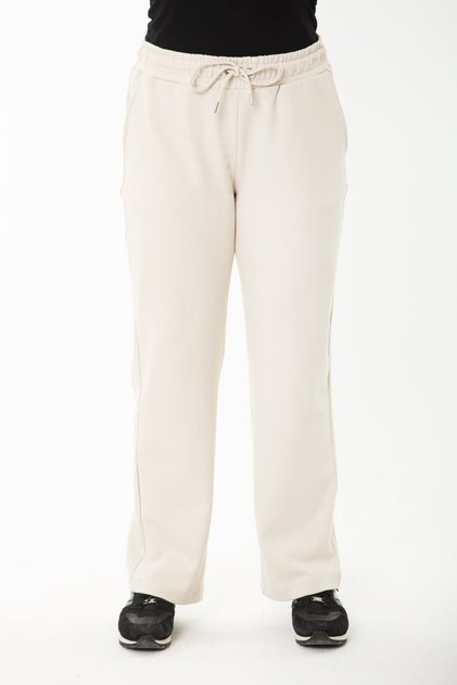 Women's Large Size Beige Waist Eyelet Lacing and Elastic Side Pocket Tracksuit Bottom 65n35418