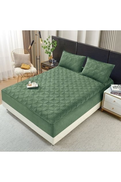 Husa de pat si 2 fete de perna, Topper Matlasat, Catifea, 160x200cm, Armata Verde