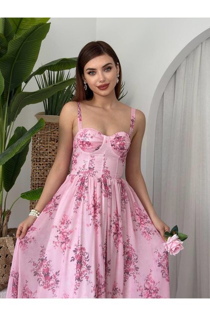 Kalın Askılı Çiçekli Pembe Şifon Emily Elbise