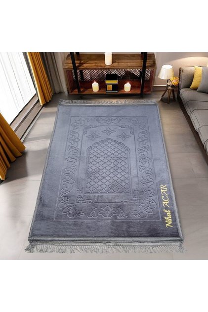 We Write Your Name on the Prayer Rug Soft Soft Velvet Plush Prayer Rug Silver 80 X 120 cm - 1100 Gr