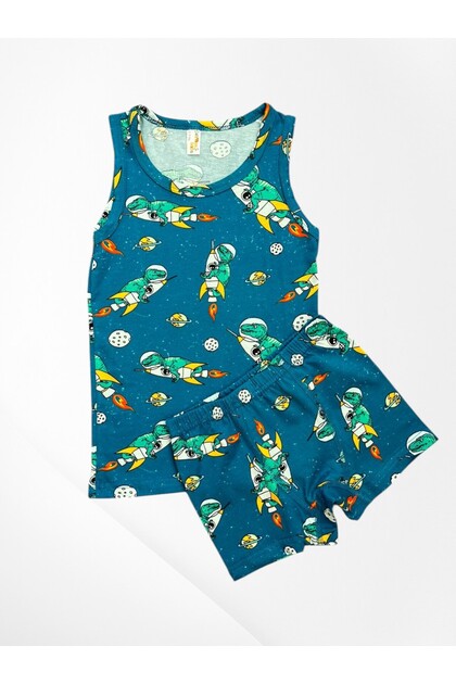 Boy's 100% Cotton Petrol Green Color Space Rocket Patterned Tank Top Boxer Set with Stitched Mesh Part