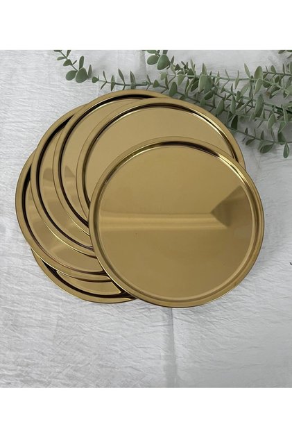 6-Piece Gold Stainless Steel 20 cm Round Tea, Coffee, Pastry Serving Tray Decorative Presentation Tray
