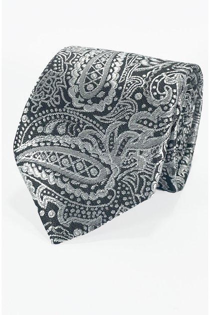 Silver Gray Paisley Microfiber Tie on Anthracite Ground - 7 cm Modern Cut