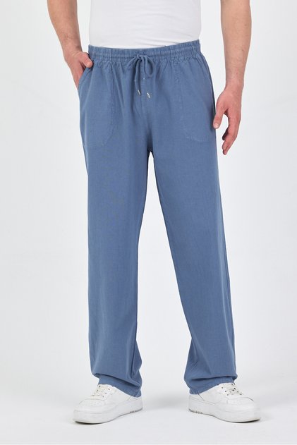 Men's Sky Blue Elastic Waist 100% Cotton Trousers
