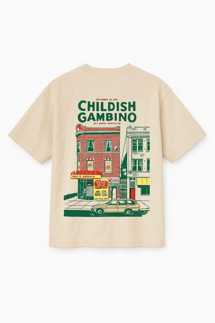 Beige Color Oversize Childish Gambino Retro Street Building Printed Unisex T-Shirt T-Shirt