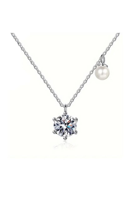 Colier clasic din argint cu diamant moissanit si perla alba