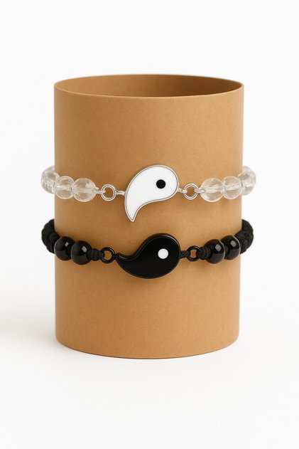 Set of 2 Friend & Lover Bracelets – Black & White Half Yin Yang