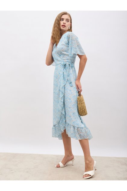 Floral Print V Neck Wrap Midi Dress with Ruffle Hem