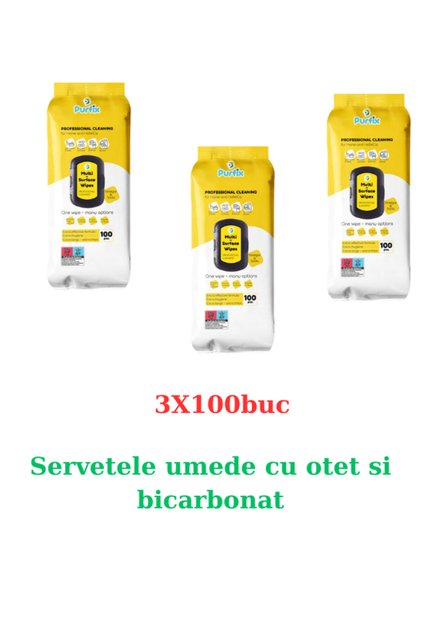 Συσκευασία 3 X Purfix υγρά μαντηλάκια με ξύδι και μαγειρική σόδα, 100 τεμάχια